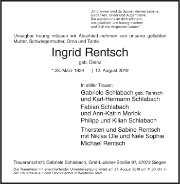 Traueranzeige von Ingrid Rentsch von Siegener Zeitung