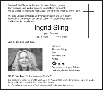 Traueranzeige von Ingrid Sting von Siegener Zeitung