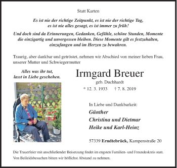 Traueranzeige von Irmgard Breuer von Siegener Zeitung