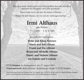 Traueranzeige von Irmi Althaus von Siegener Zeitung