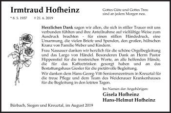 Traueranzeige von Irmtraud Hofheinz von Siegener Zeitung