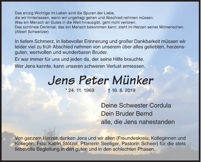  Traueranzeige für Jens Peter Münker vom 20.08.2019 aus Siegener Zeitung