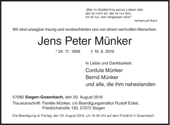 Traueranzeige von Jens Peter Münker von Siegener Zeitung