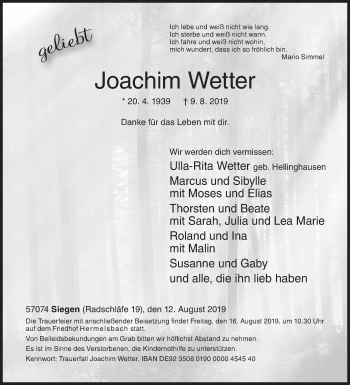 Traueranzeige von Joachim Wetter von Siegener Zeitung