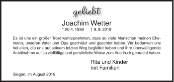Traueranzeige von Joachim Wetter von Siegener Zeitung