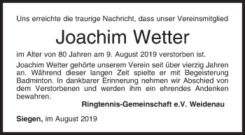 Traueranzeige von Joachim Wetter von Siegener Zeitung