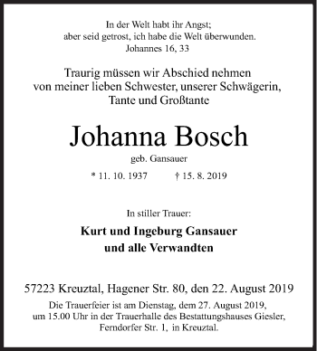 Traueranzeige von Johanna Bosch von Siegener Zeitung