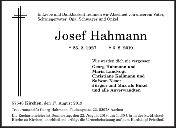 Traueranzeige von Josef Hahmann von Siegener Zeitung