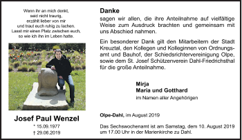 Traueranzeige von Josef Paul Wenzel von Siegener Zeitung