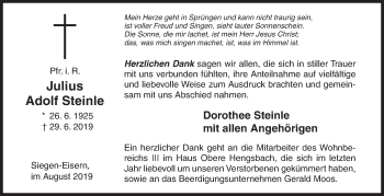 Traueranzeige von Julius Adolf Steinle von Siegener Zeitung
