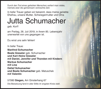 Traueranzeige von Jutta Schumacher von Siegener Zeitung