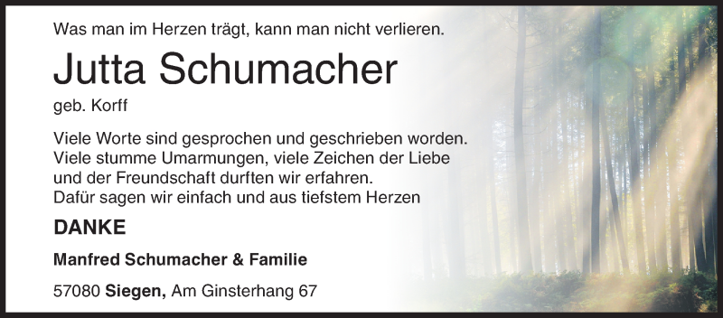  Traueranzeige für Jutta Schumacher vom 31.08.2019 aus Siegener Zeitung