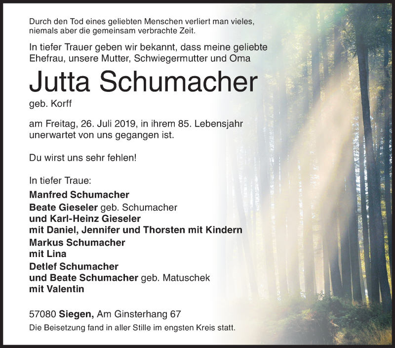  Traueranzeige für Jutta Schumacher vom 10.08.2019 aus Siegener Zeitung