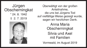 Traueranzeige von Jürgen Obscherningkat von Siegener Zeitung