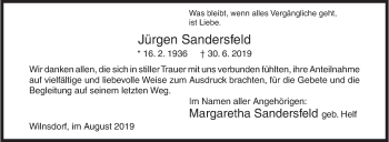 Traueranzeige von Jürgen Sandersfeld von Siegener Zeitung