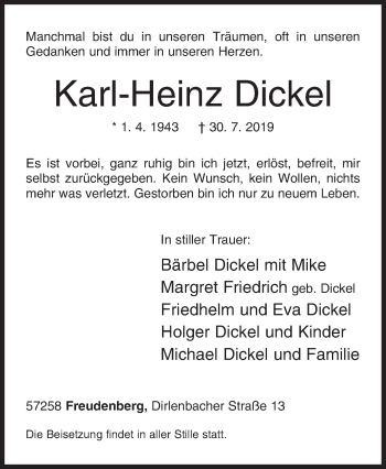 Traueranzeige von Karl-Heinz Dickel von Siegener Zeitung