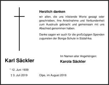 Traueranzeige von Karl Säckler von Siegener Zeitung