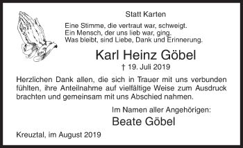 Traueranzeige von Karl Heinz Göbel von Siegener Zeitung