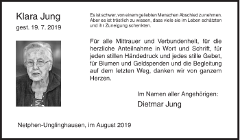 Traueranzeige von Klara Jung von Siegener Zeitung