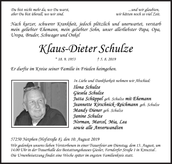 Traueranzeige von Klaus-Dieter Schulze von Siegener Zeitung