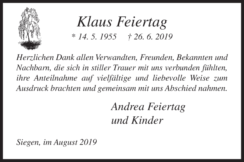  Traueranzeige für Klaus Feiertag vom 10.08.2019 aus Siegener Zeitung