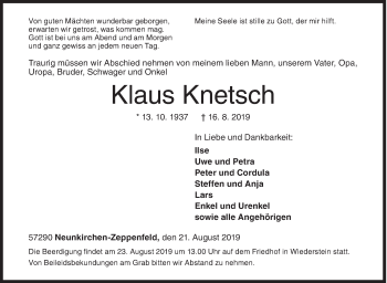Traueranzeige von Klaus Knetsch von Siegener Zeitung
