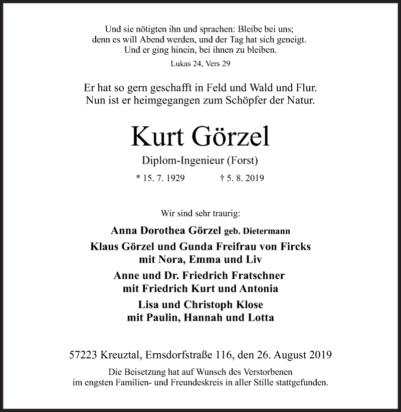  Traueranzeige für Kurt Görzel vom 26.08.2019 aus Siegener Zeitung