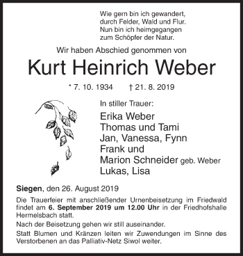 Traueranzeige von Kurt Heinrich Weber von Siegener Zeitung