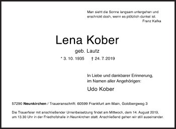 Traueranzeige von Lena Kober von Siegener Zeitung