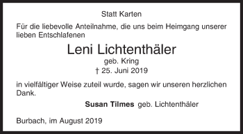Traueranzeige von Leni Lichtenthäler von Siegener Zeitung