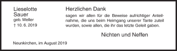 Traueranzeige von Lieselotte Sauer von Siegener Zeitung