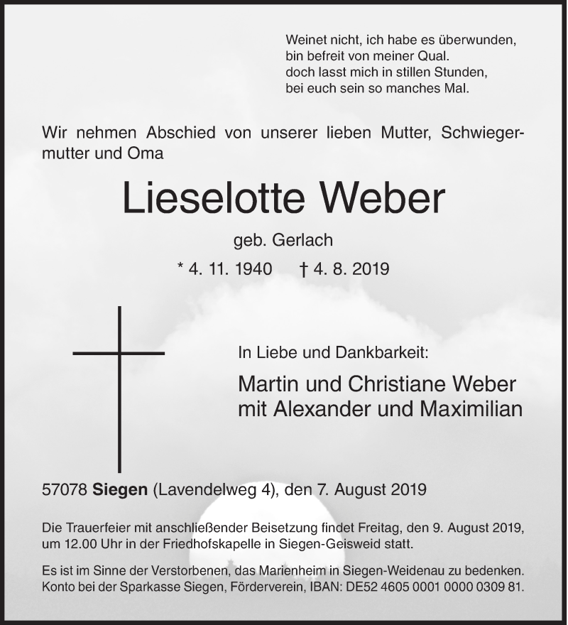  Traueranzeige für Lieselotte Weber vom 07.08.2019 aus Siegener Zeitung
