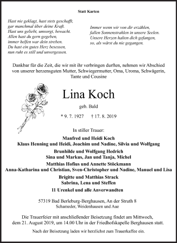 Traueranzeige von Lina Koch von Siegener Zeitung