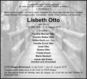 Traueranzeige von Lisbeth Otto von Siegener Zeitung