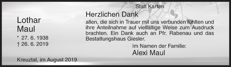 Traueranzeige für Lothar Maul vom 03.08.2019 aus Siegener Zeitung