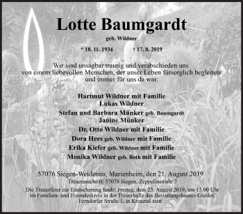 Traueranzeige von Lotte Baumgardt von Siegener Zeitung