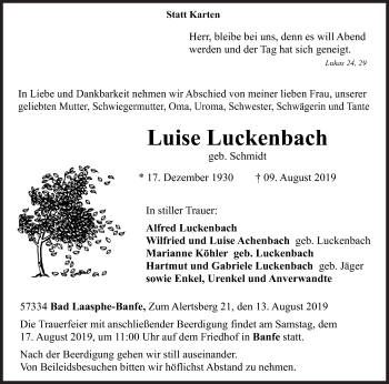 Traueranzeige von Luise Luckenbach von Siegener Zeitung