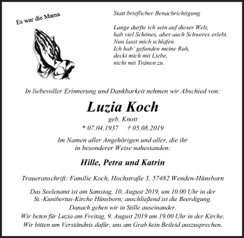 Traueranzeige von Luzia Koch von Siegener Zeitung