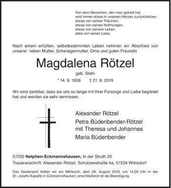 Traueranzeige von Magdalena Rötzel von Siegener Zeitung