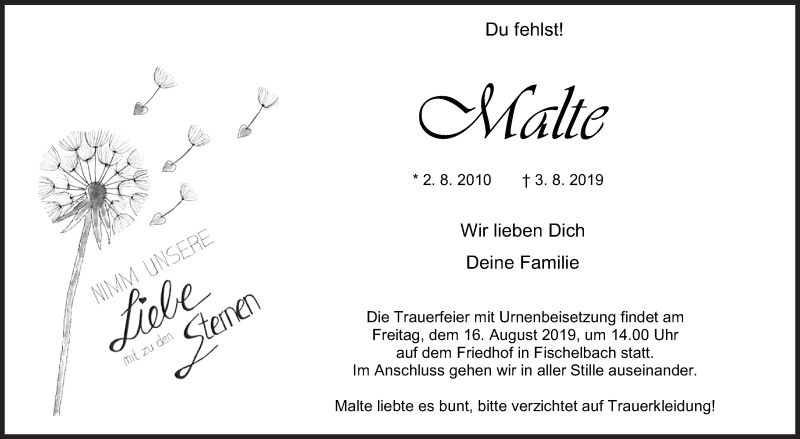  Traueranzeige für Malte  vom 14.08.2019 aus Siegener Zeitung