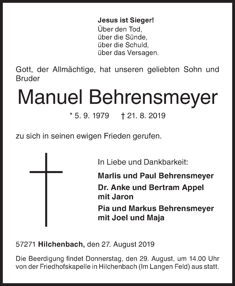  Traueranzeige für Manuel Behrensmeyer vom 27.08.2019 aus Siegener Zeitung