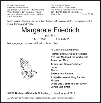 Traueranzeige von Margarete Friedrich von Siegener Zeitung