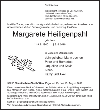 Traueranzeige von Margarete Heiligenpahl von Siegener Zeitung