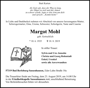 Traueranzeige von Margot Mohl von Siegener Zeitung