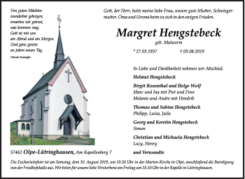 Traueranzeige von Margret Hengstebeck von Siegener Zeitung