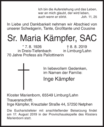 Traueranzeige von Maria Kämpfer von Siegener Zeitung