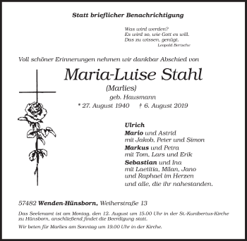 Traueranzeige von Maria-Luise Stahl von Siegener Zeitung