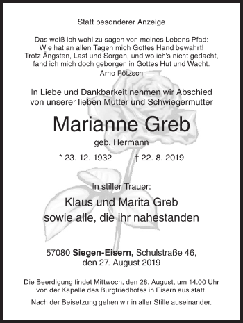 Traueranzeige von Marianne Greb von Siegener Zeitung