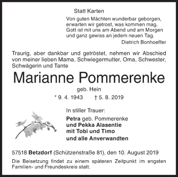Traueranzeige von Marianne Pommerenke von Siegener Zeitung