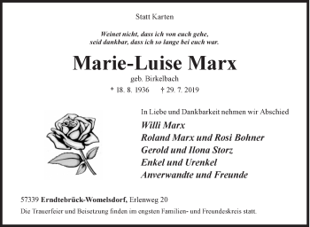 Traueranzeige von Marie-Luise Marx von Siegener Zeitung